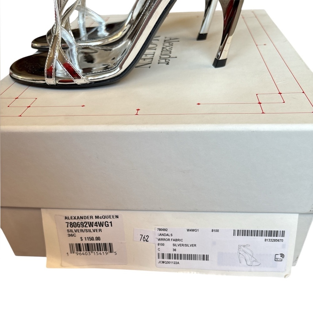 Alexander McQueen Metallic Silver Mirror Sandal Heels Ankle Straps Size 36 New - Picture 12 of 14